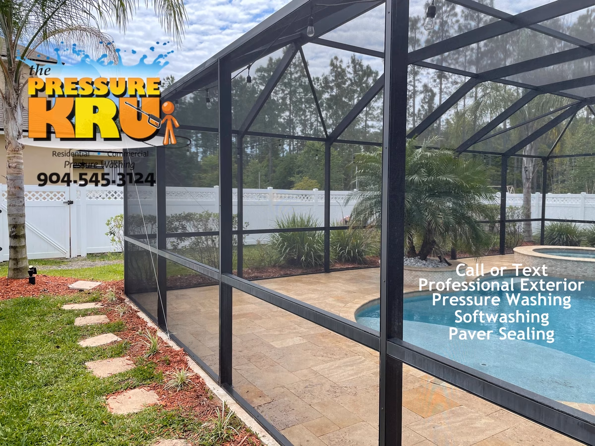 Screen enclosure after low-pressure soft washing in Fruit Cove, FL
