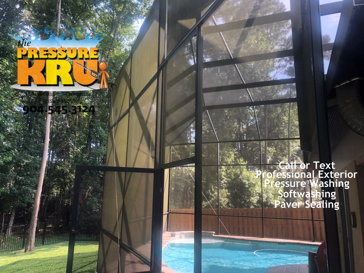 Pool cage before professional soft washing in St. Johns, FL