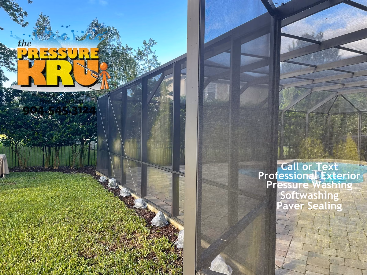 Pool Screen enclosure before soft washing in St. Johns, FL.