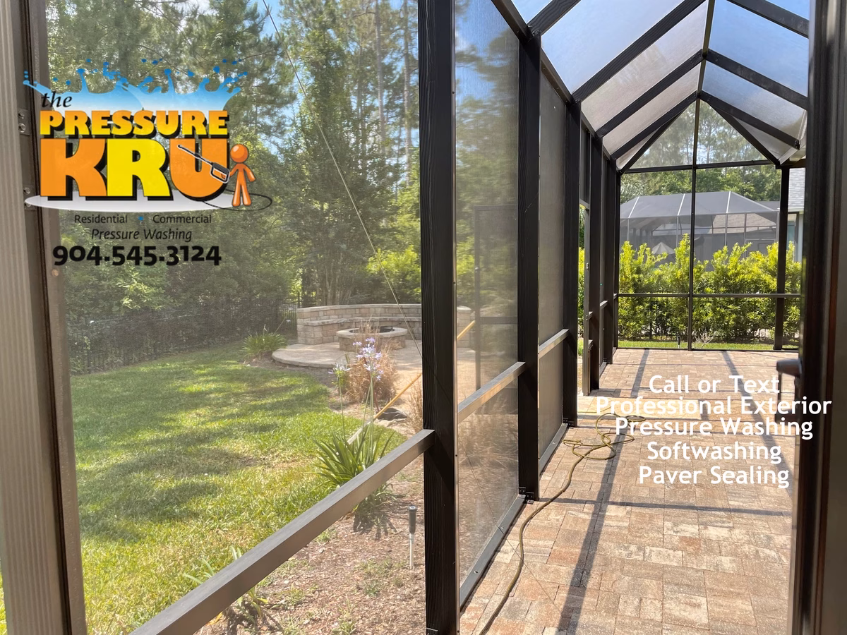 Residential pool screen enclosure before pressure washing services in St. Johns Forest.