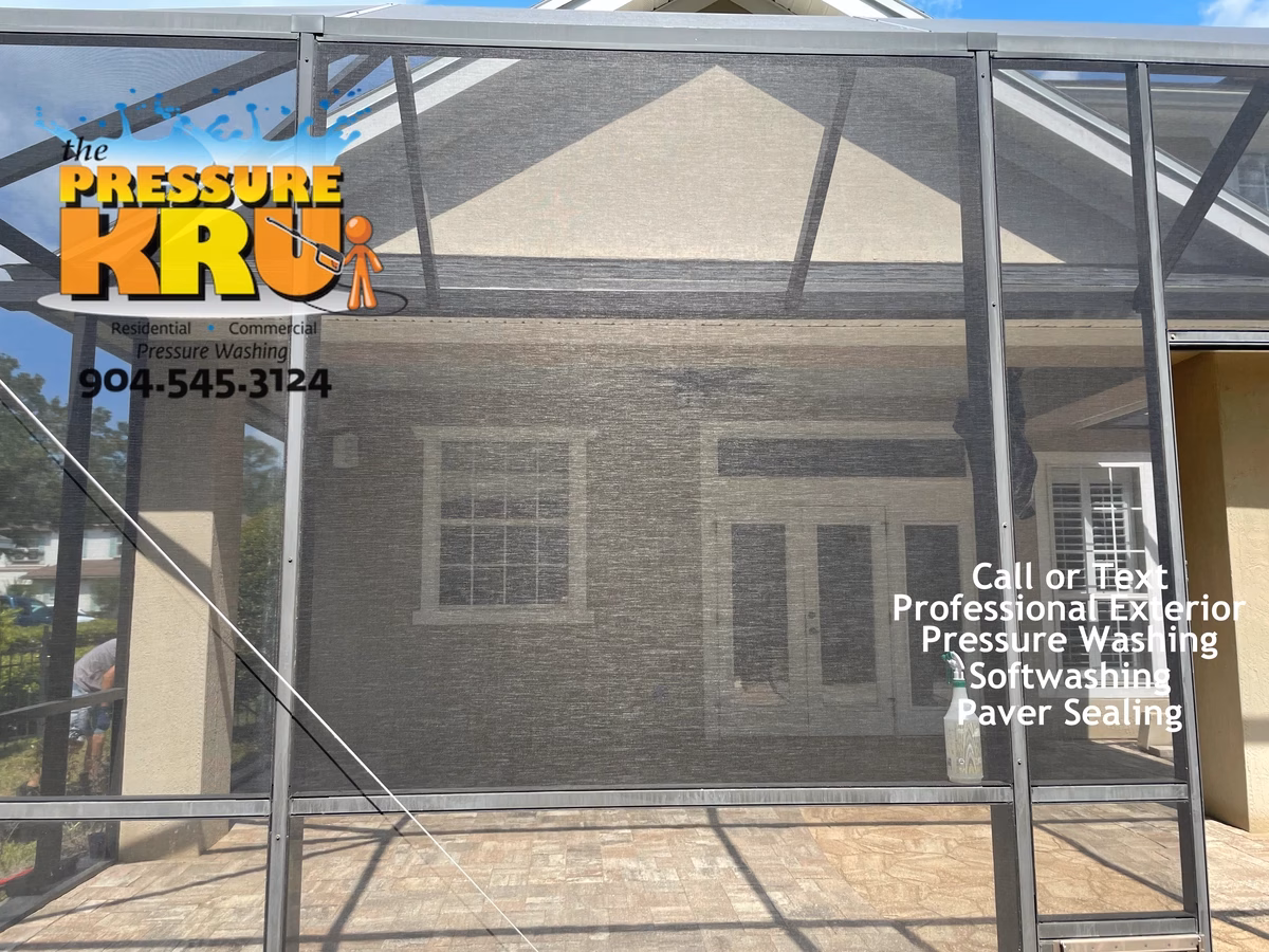 After photo of a pool screen enclosure cleaning project in St. Johns Golf & Country Club.