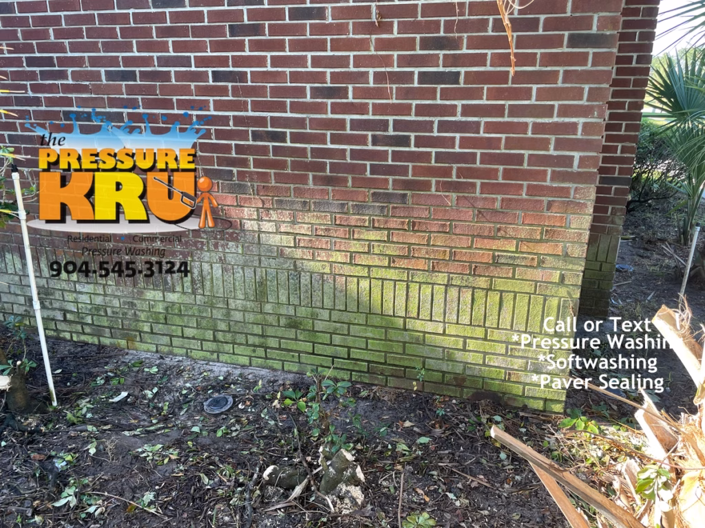 Brick home before exterior soft washing in St Johns FL with green algae staining