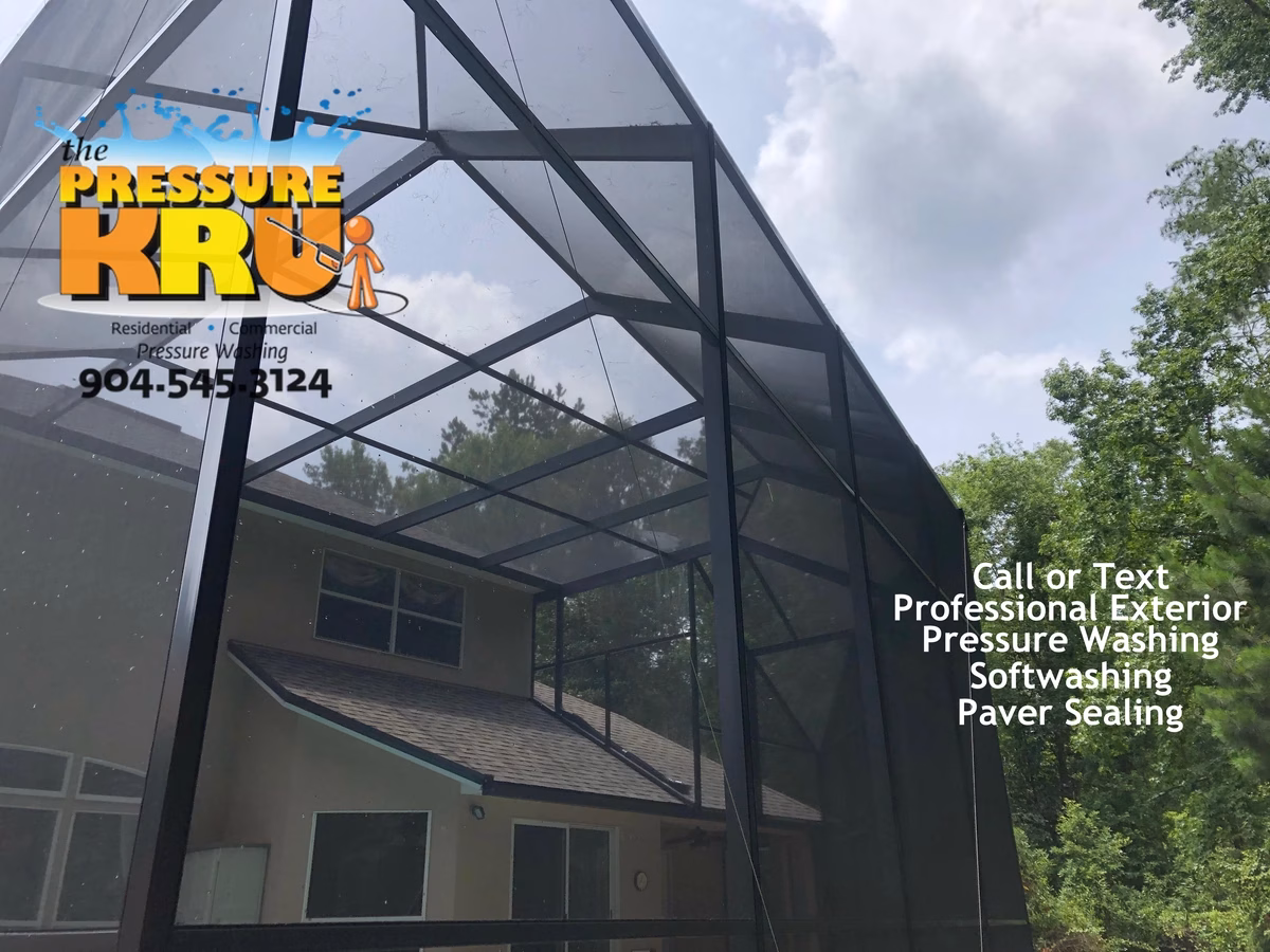 After Photo of a pool screen enclosure cleaning project in St. Johns, FL.