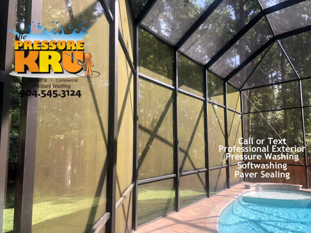 Pool Enclosure with Algae and mildew before soft washing in St. Johns, FL.