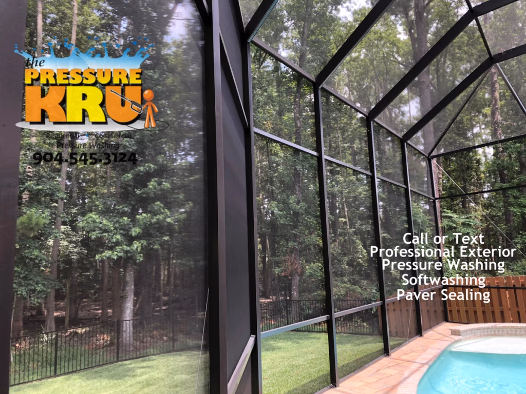 Pool Enclosure with Algae and mildew after soft washing in St. Johns, FL.