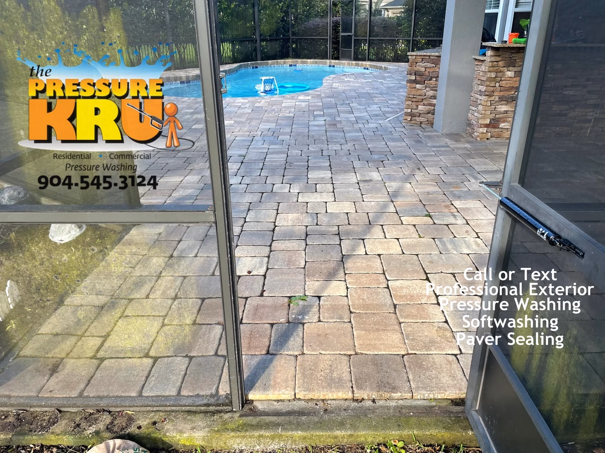 Dirty pool screen enclosure before exterior cleaning in St Johns, FL.