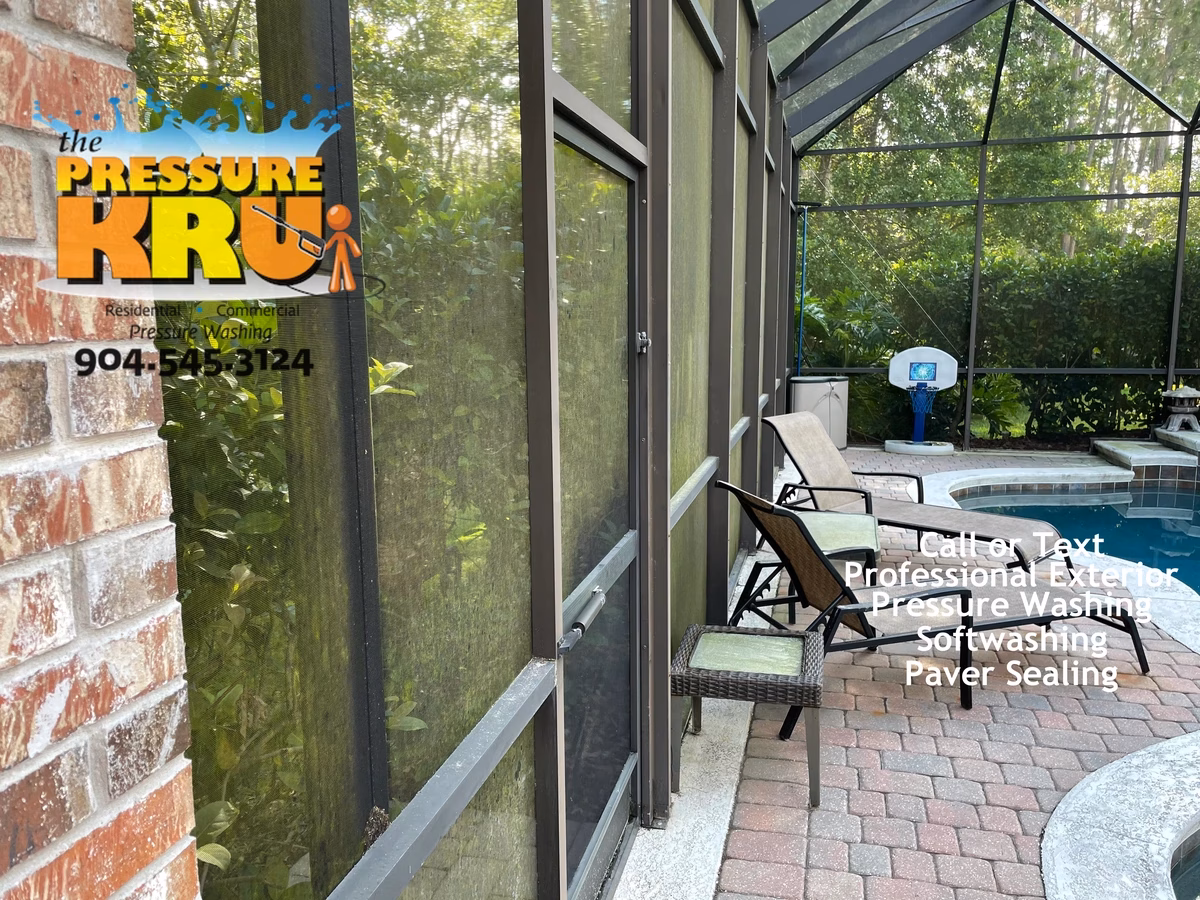 Before soft washing a pool screen enclosure in Ponte Vedra, FL.