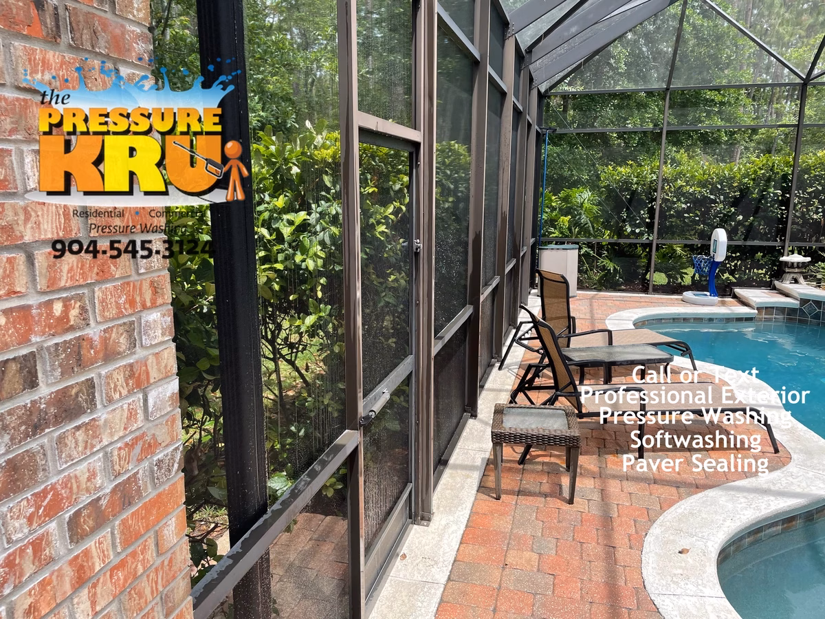 After soft washing a pool screen enclosure in Ponte Vedra, FL.