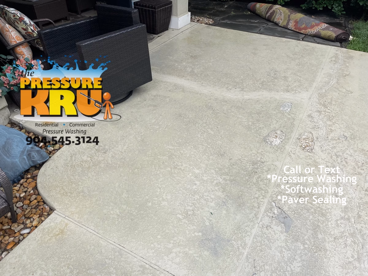 Clean painted pool deck with gentle pressure wash and soft washing in South Hampton after
