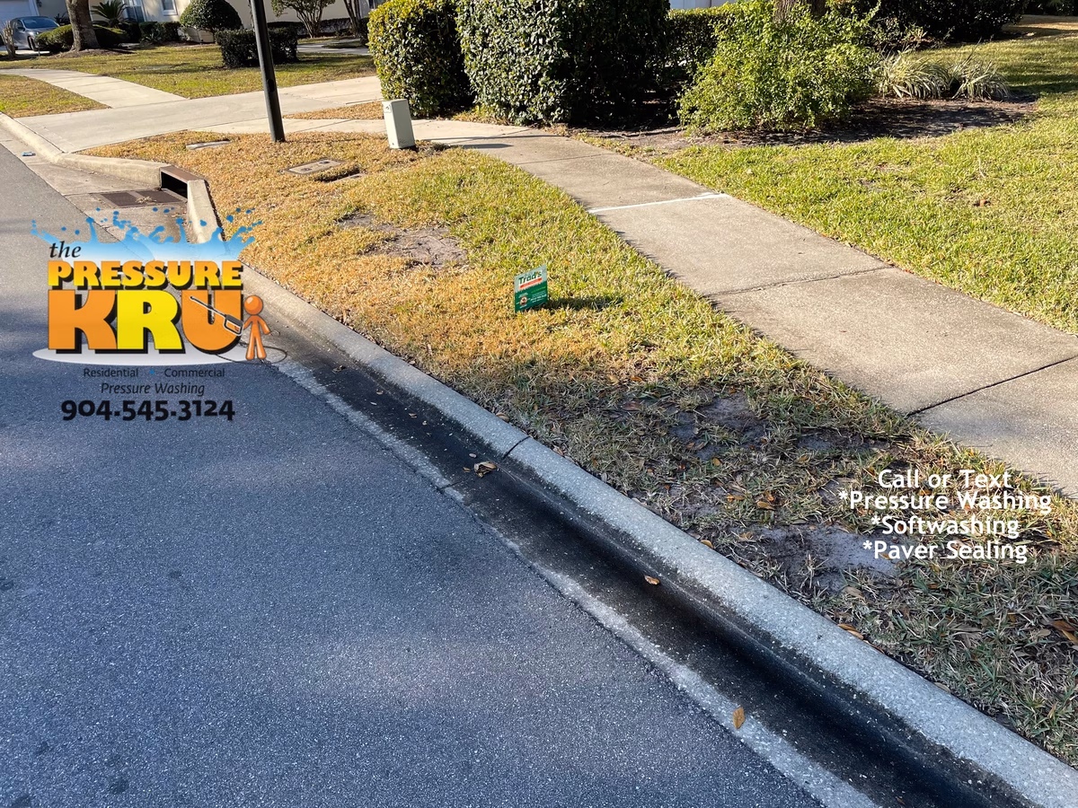 Professional driveway curb pressure washing in St. Johns, FL before cleaning