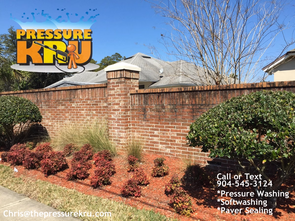 Brick Fence Cleaning in Fruit Cove FL before removing black mold in grout joints.