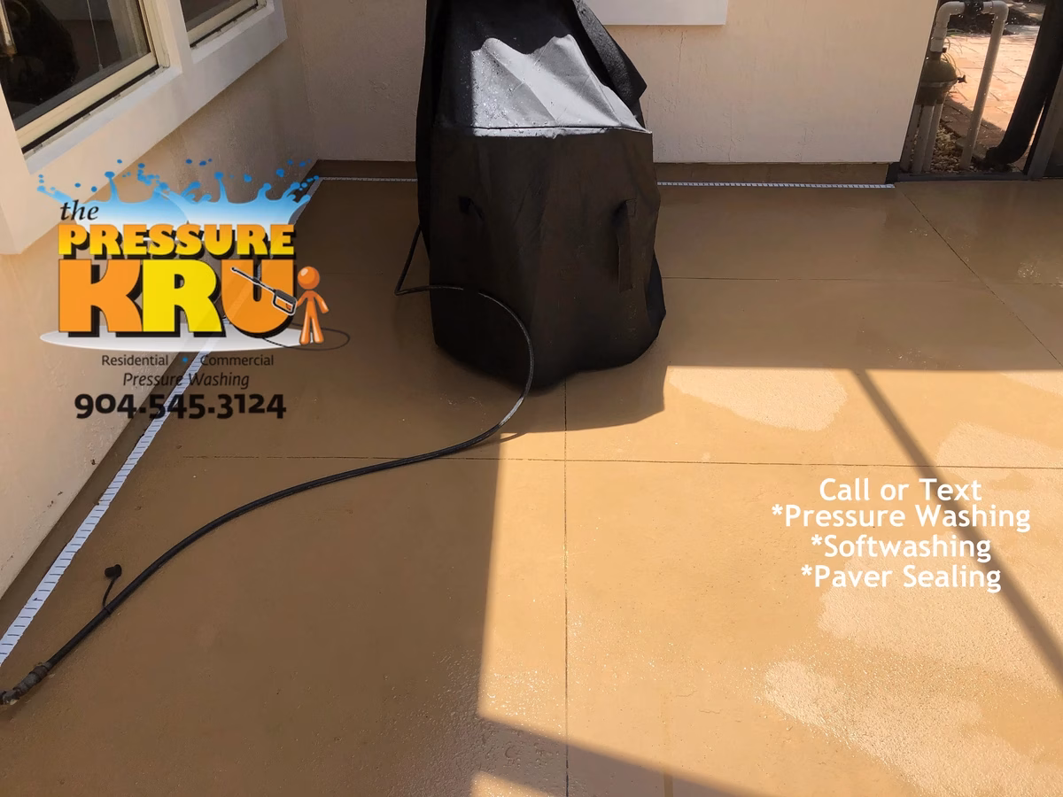 Gentle pressure washing for painted concrete pool deck in World Golf Village after
