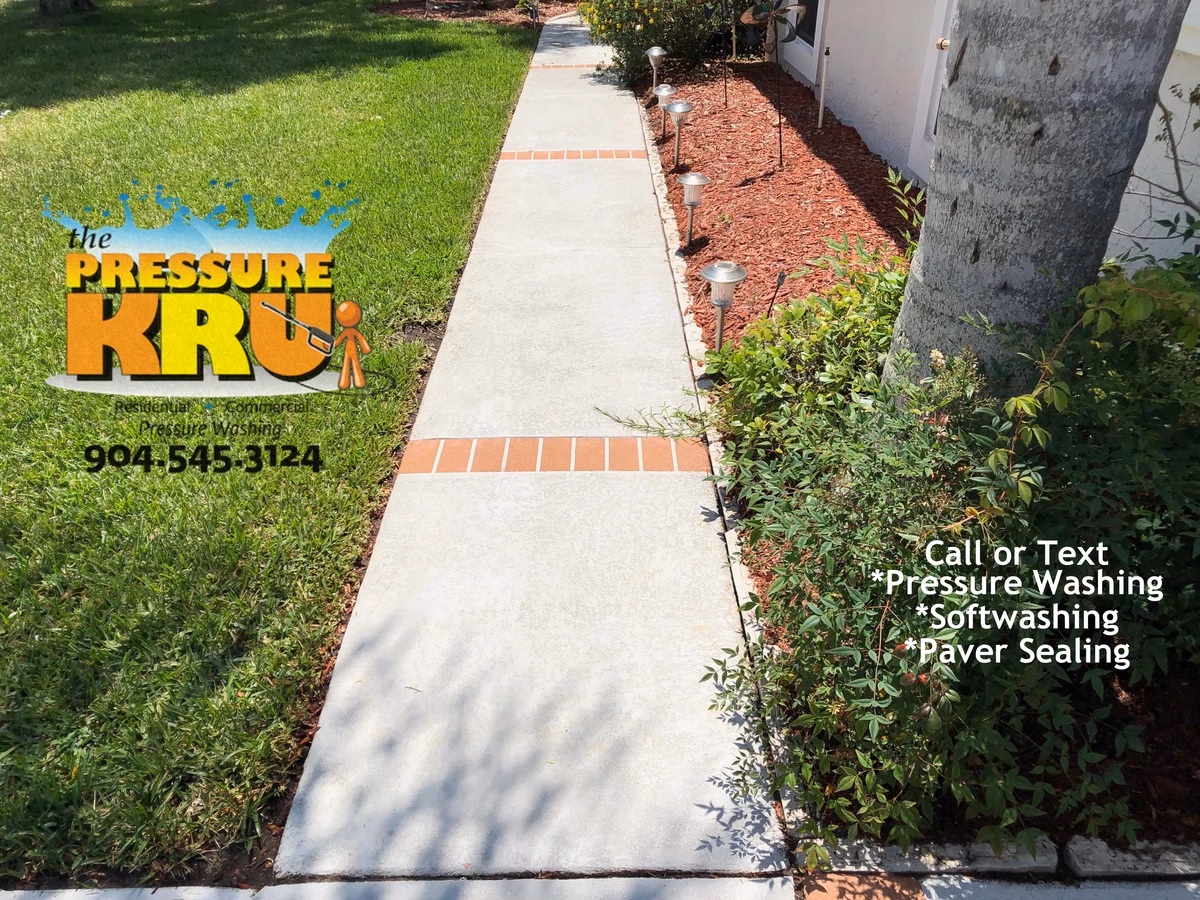 Clean painted concrete sidewalk gentle pressure washing and soft washing in Cunningham Creek after
