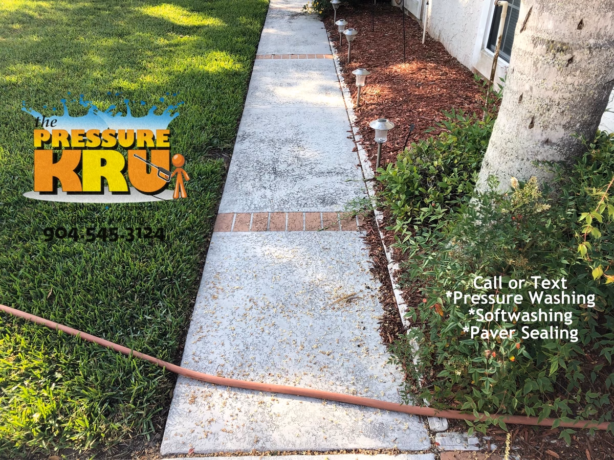 Clean painted concrete sidewalk gentle pressure washing and soft washing in Cunningham Creek before