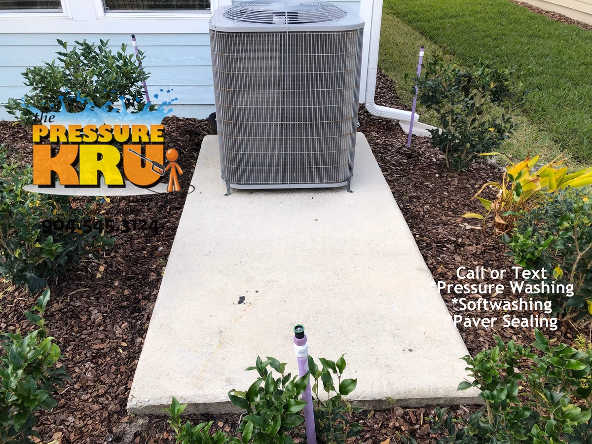 Professional concrete cleaning and restoration for house keeping pad in St. Johns, FL. After cleaning house threw this in for FREE.
