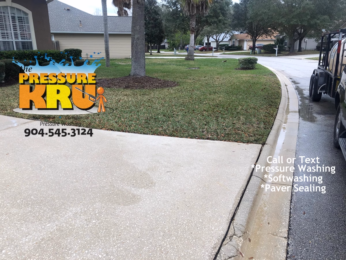 Power washing black mold driveway to remove dirt and grim in St. Augustine, FL 32095. After picture.