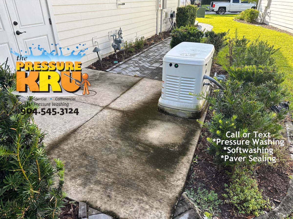 Safe pressure washing and soft washing around landscaping and flower beds in St. Johns, FL. Before image showing excessive mold and algae growth.