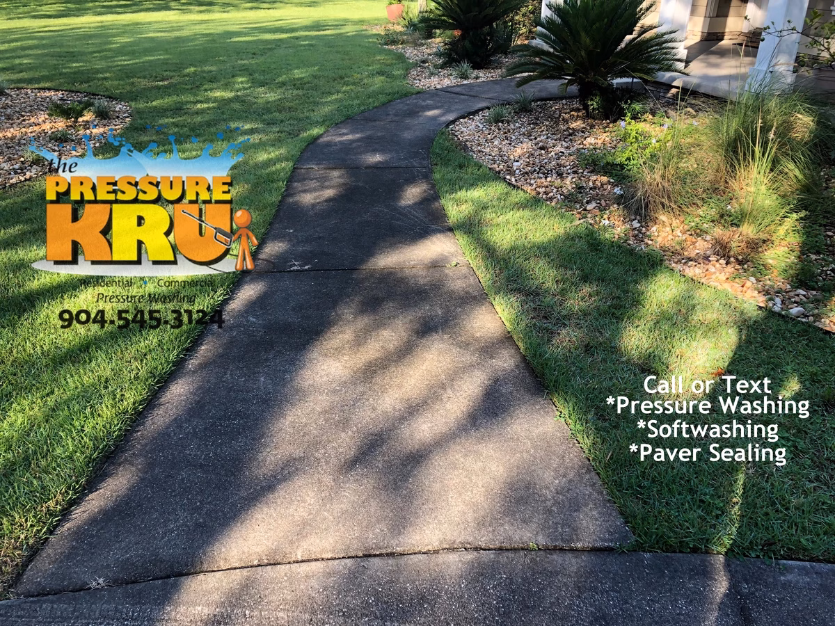 Soft washing technique preserving sidewalks and driveway integrity in Ponte Vedra, FL. Before starting work.