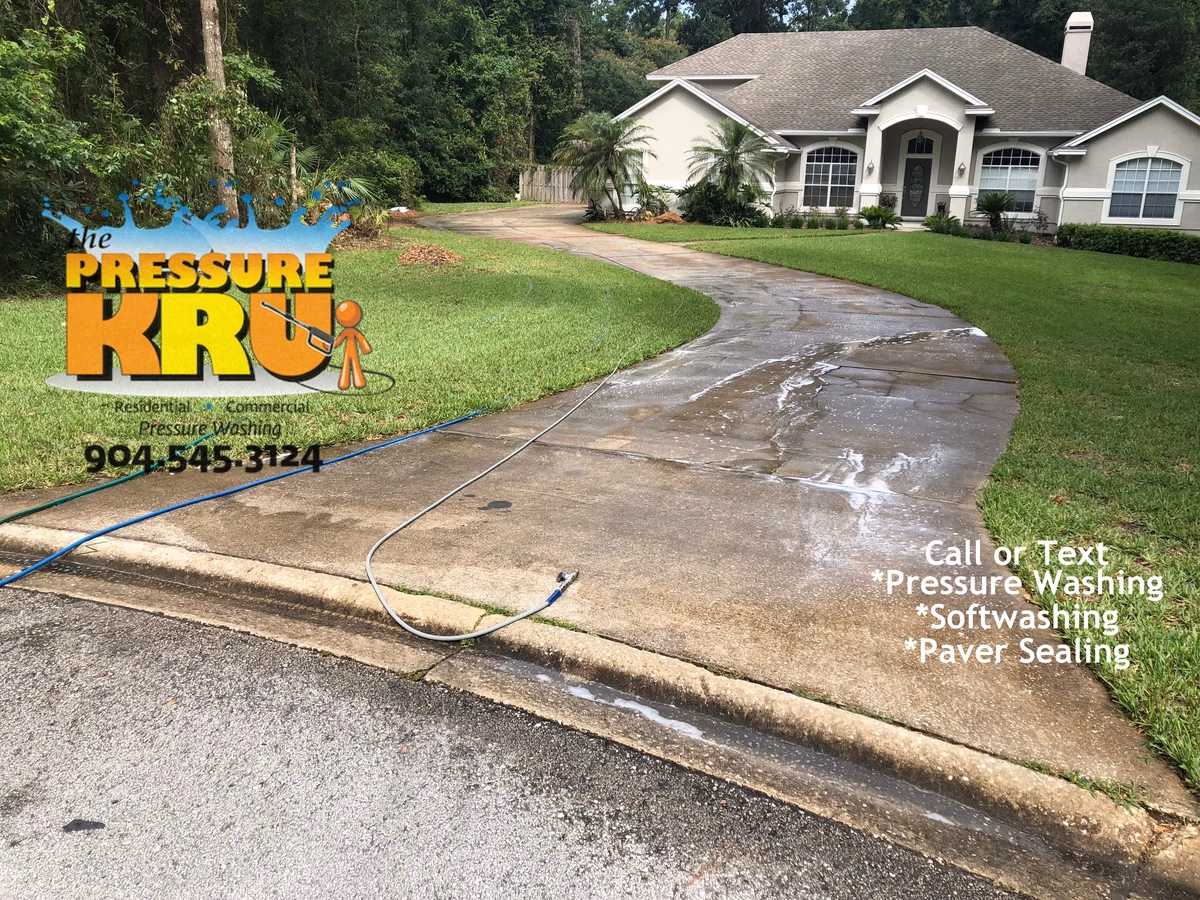 Neighborhood favorite for reliable driveway cleaning maintenance in St. Augustine, FL. Before picture showing years of neglect.
