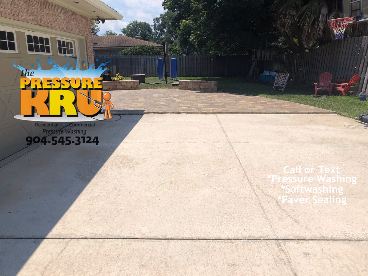 Professional driveway and patio restoration making hardscapes look clean as new in St. Augustine, FL. After completing work.