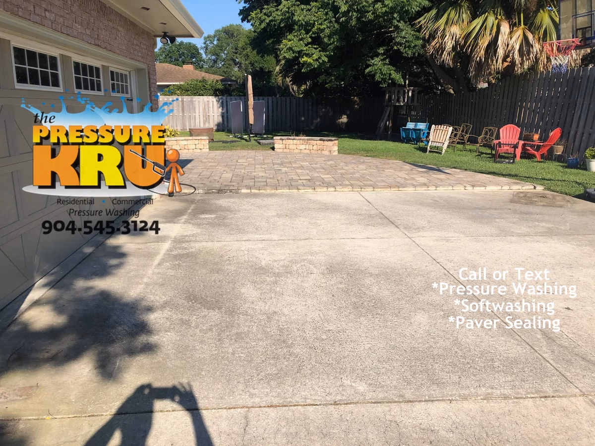 Professional driveway and patio restoration making hardscapes look clean as new in St. Augustine, FL. Before starting work.