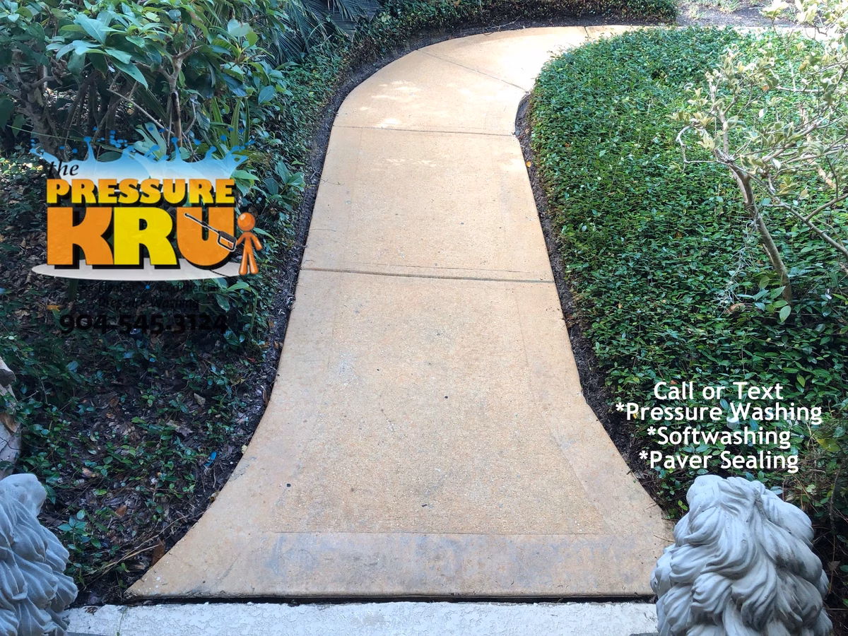 Local expert removing mold from concrete sidewalks and driveways in St. Johns, FL 32259. After cleaning with soft washing.