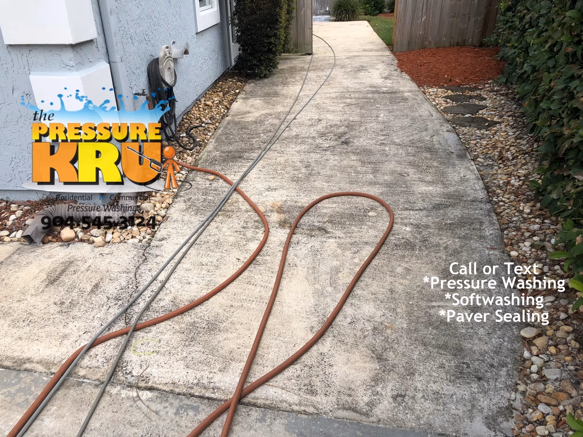 Local pressure washing pro handling tough driveway cleaning jobs near St. Augustine, FL. Before cleaning picture.