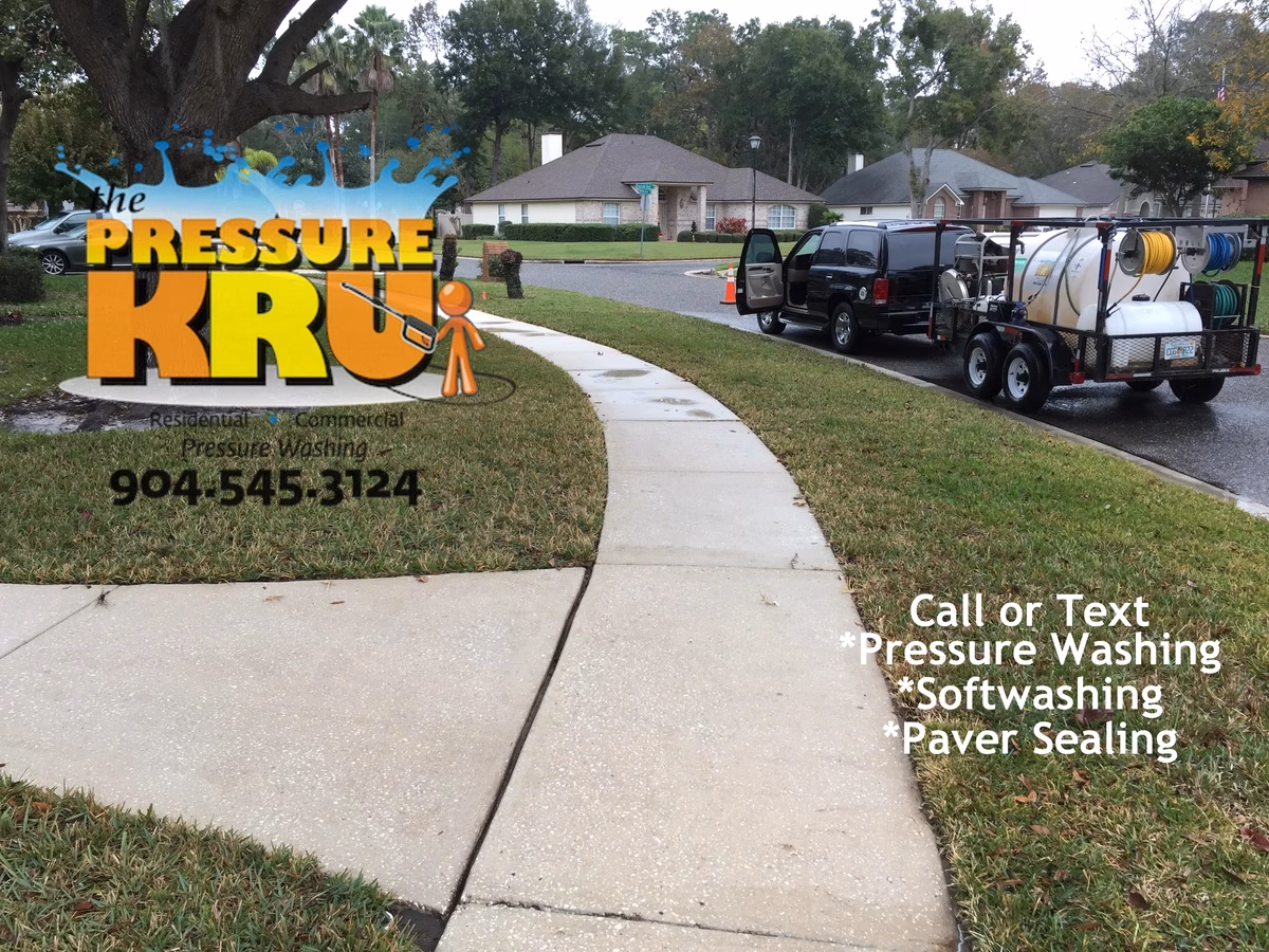 Commercial pressure washing for residential areas and driveways in St. Augustine, FL. Image shows after cleaning.