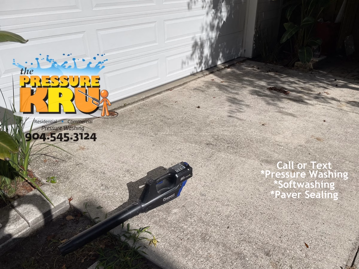 Removing black mold and mildew from driveway with hot water pressure in Jacksonville, FL. This image show before cleaning.