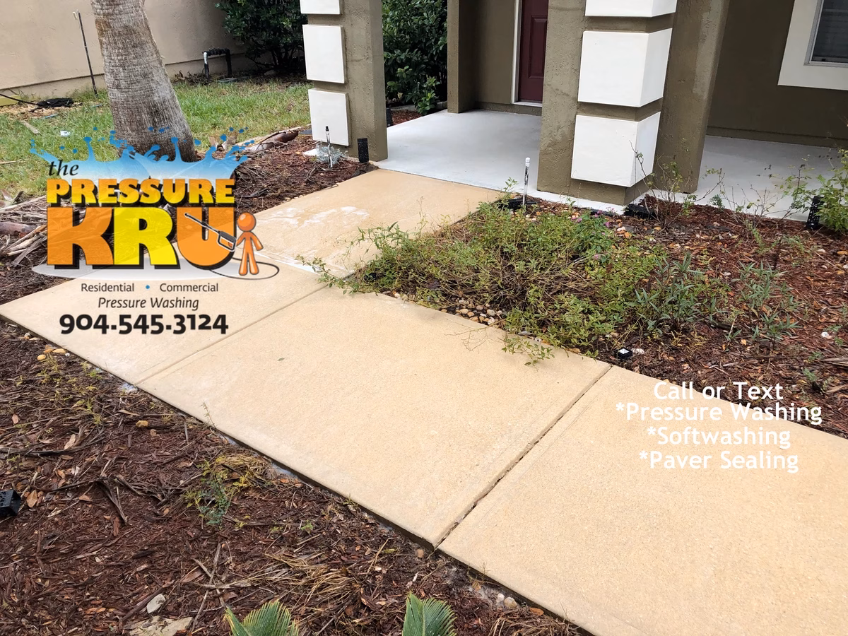 Local family business providing reliable driveway pressure washing in St Johns, FL. after image showing just how impactful cleaning can make over landscaping.