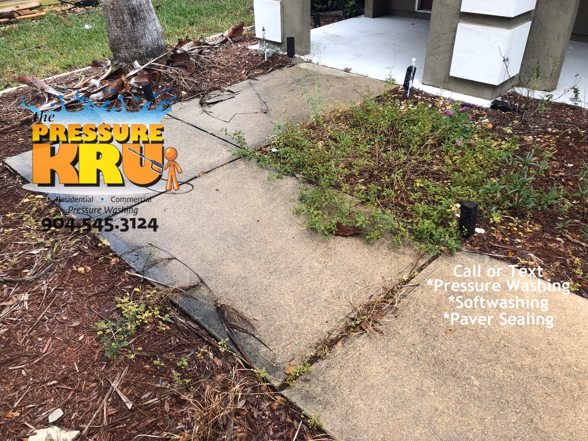 Local family business providing reliable driveway pressure washing in St Johns, FL. Before image showing just how impactful cleaning can make over landscaping.
