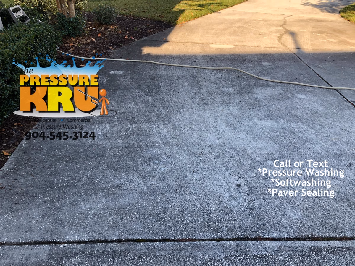 Eco-friendly pressure washing protecting plants while before cleaning driveway in St Johns FL.