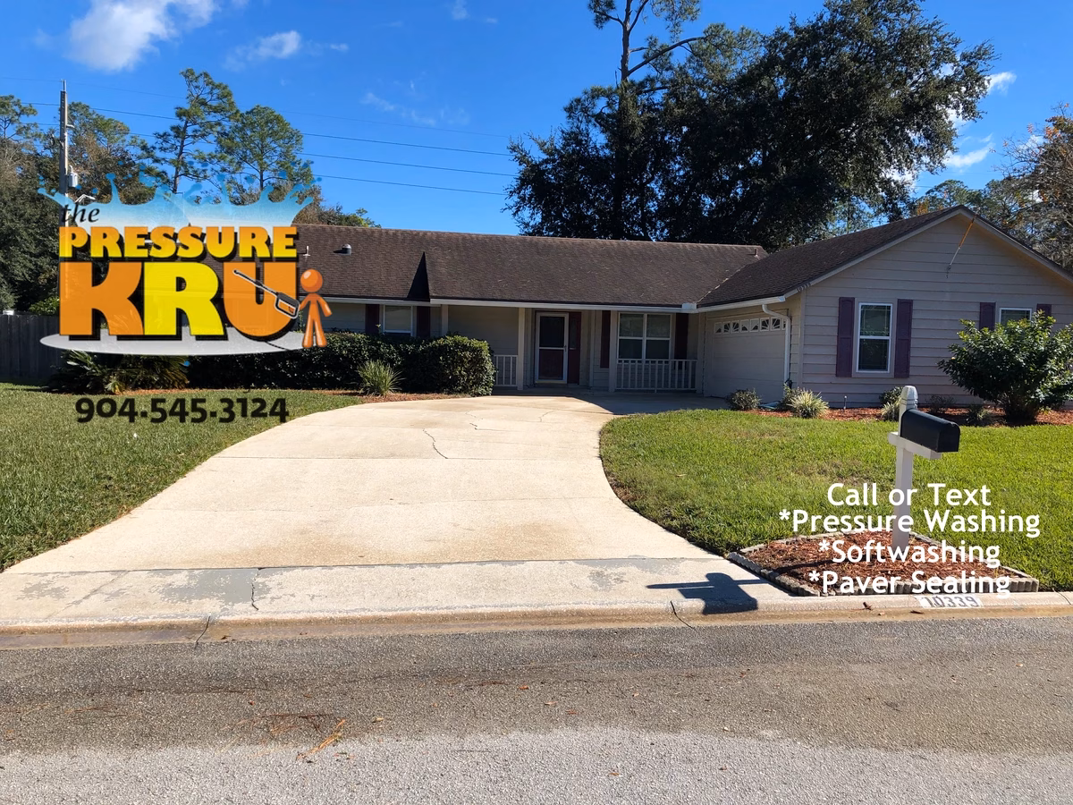 Dirty concrete driveway after professional pressure washing and softwashing in St. Johns, FL.