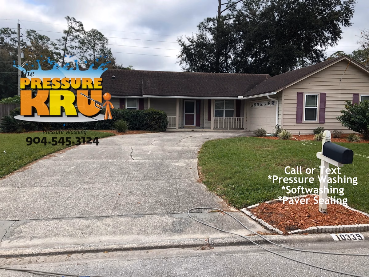 Dirty concrete driveway before professional pressure washing and softwashing in St. Johns, FL.