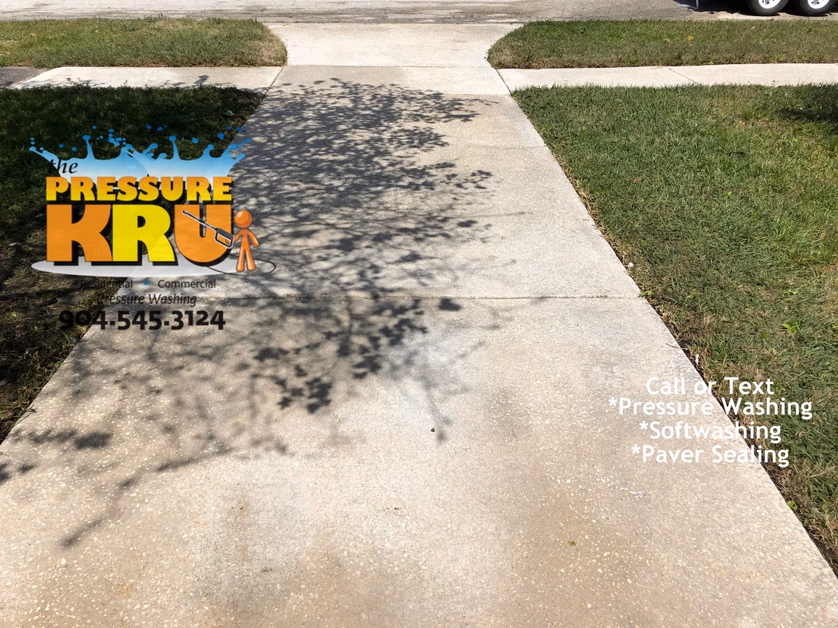 Pressure washing concrete driveway after removing deep set mold and organics in St. Augustine, FL.
