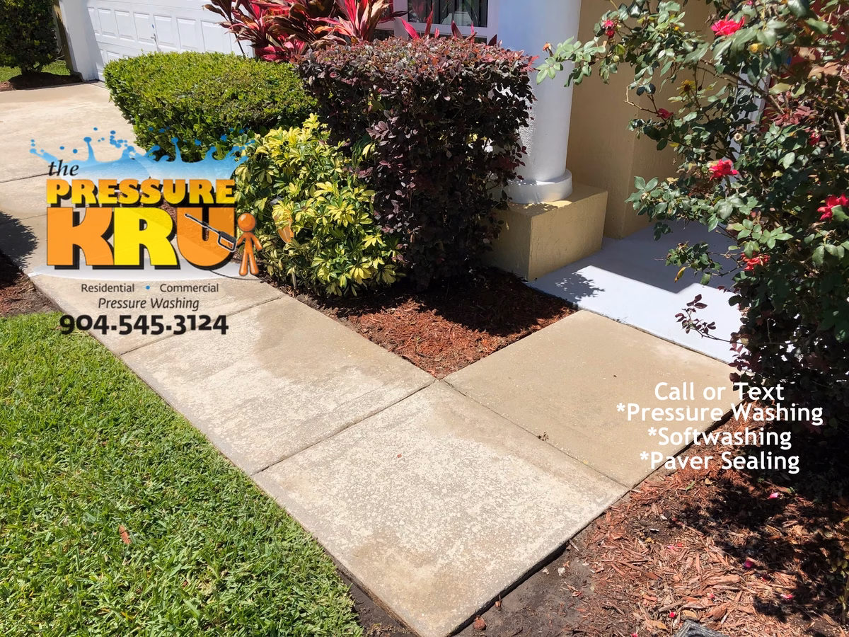 Beautiful clean concrete driveway after expert cleaning in St. Augustine, FL.