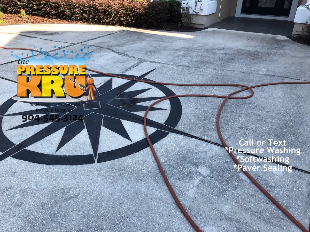 Before driveway pressure washing results in Saint Johns, FL residential neighborhood.