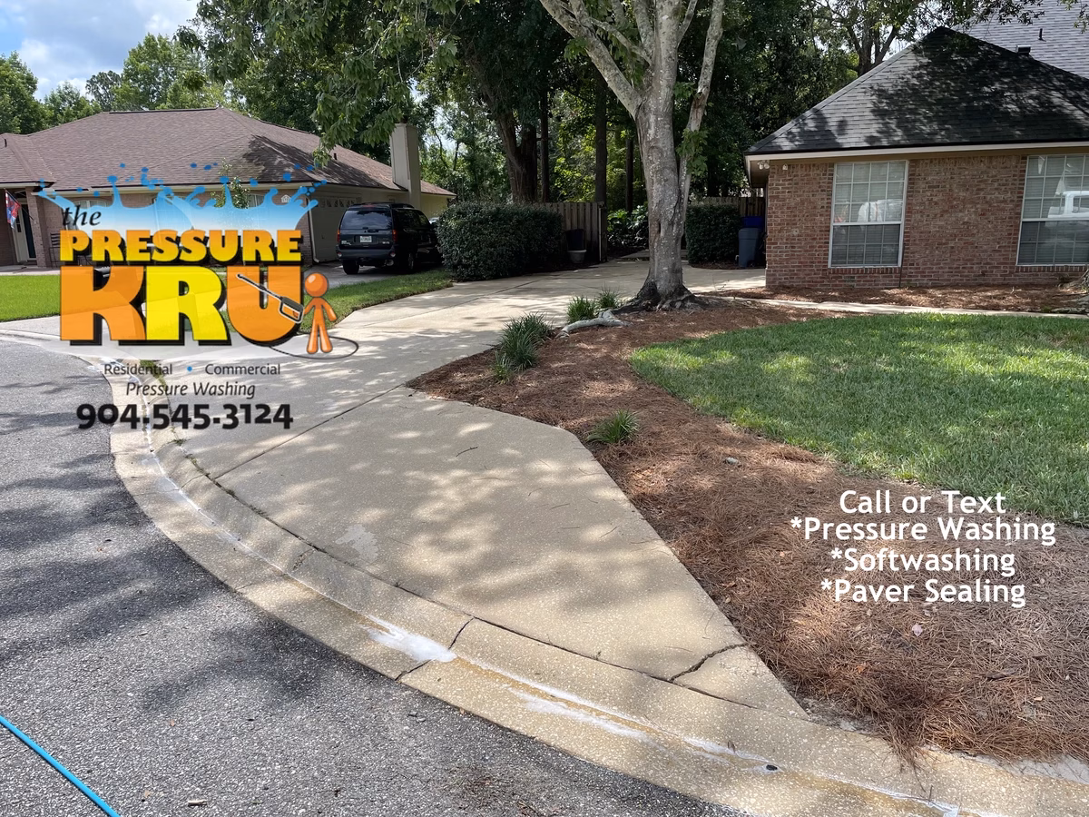 High pressure washing after removing moss and algae from driveway in Ponte Vedra, FL