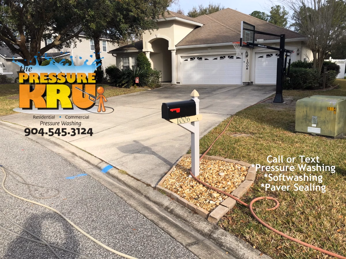 Spotless concrete driveway before power washing by The Pressure Kru in St. Johns, FL. We also removed rust stains from roofers dumpster.
