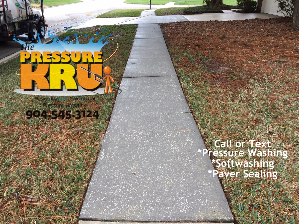 Beautiful clean concrete driveway after expert pressure washing and soft wash chemical cleaning in St. Augustine, FL.
