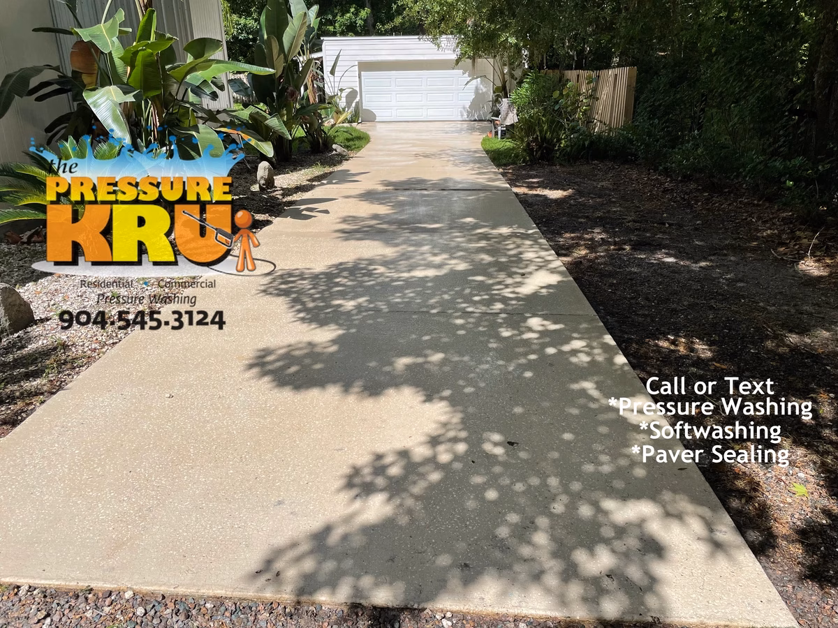 Mold stain removal from driveway using eco-friendly pressure washing in St. Johns, FL after cleaning.