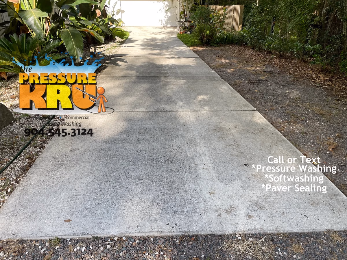 Mold stain removal from driveway using eco-friendly pressure washing in St. Johns, FL before cleaning.