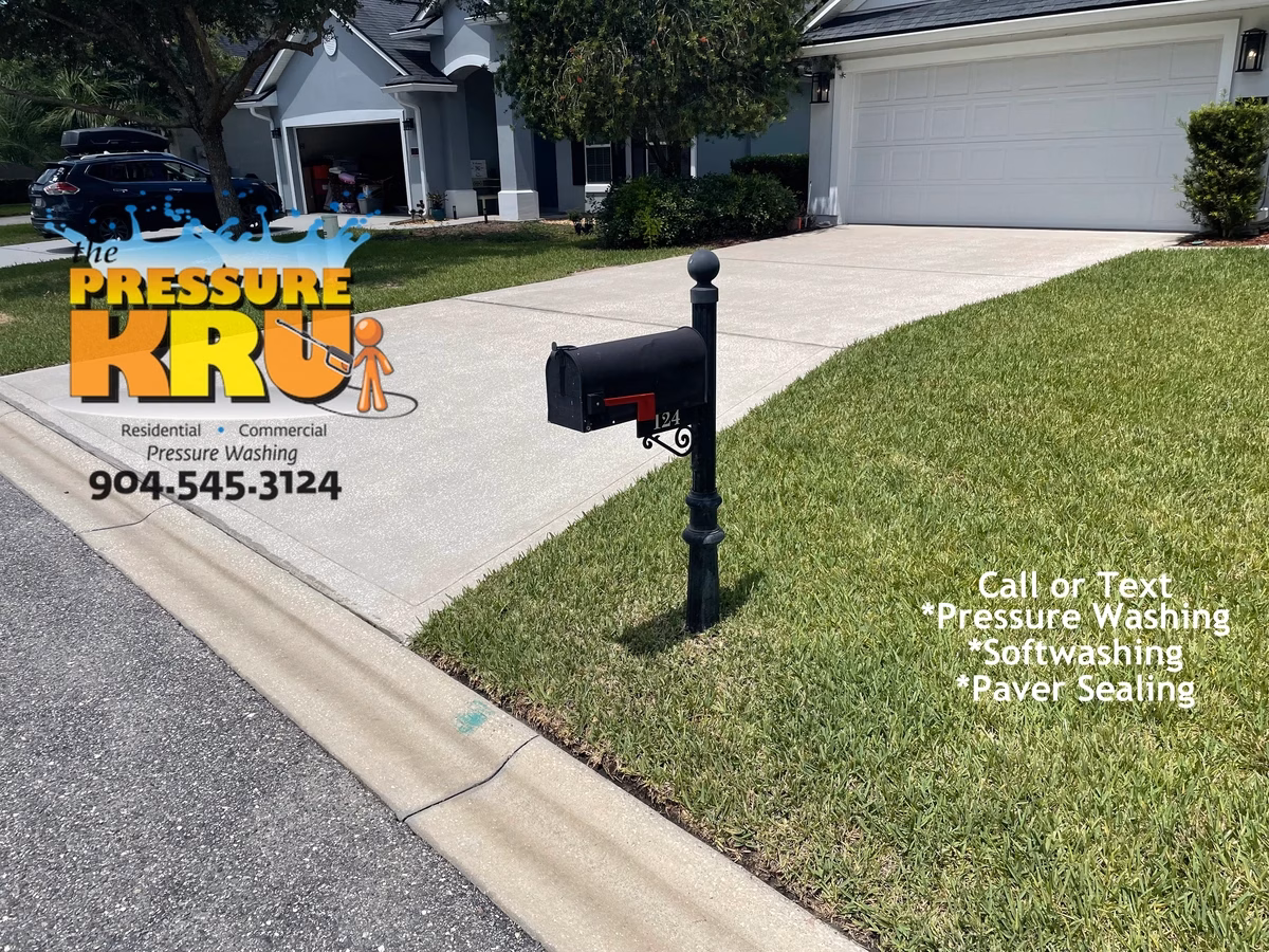 Professional power washing team after cleaning residential driveway near St. Johns, FL. Shined up the curbs for a finishing touch.