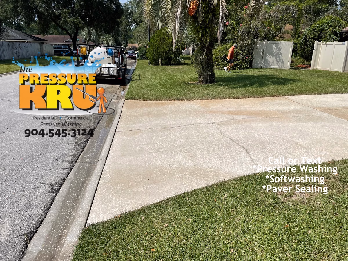 Local driveway cleaning company after restoring curb appeal with softwashing technique in St. Johns, FL.