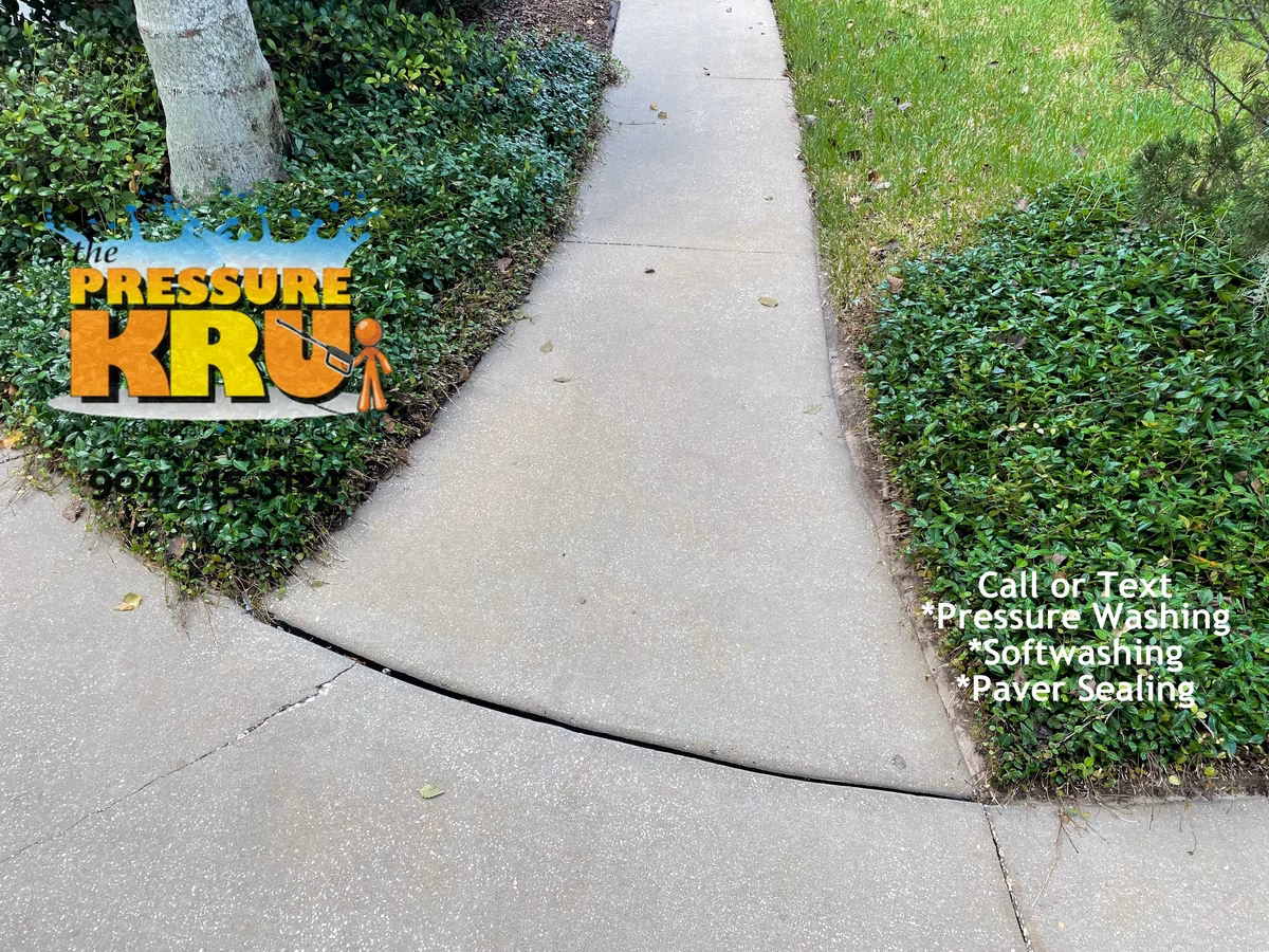 Power washing black mold driveway and sidewalks to remove dirt and grime in St. Johns, FL after picture.