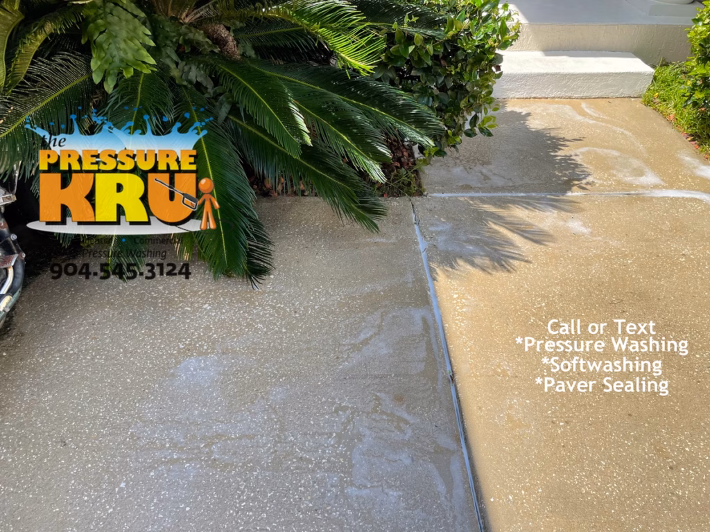 Clean white concrete driveway after professional pressure washing service in St. Johns, FL. Your gonna need a bigger soft wash boat.