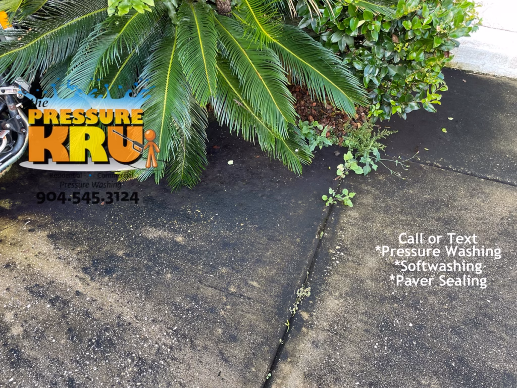 Clean white concrete driveway before professional pressure washing service in St. Johns, FL.