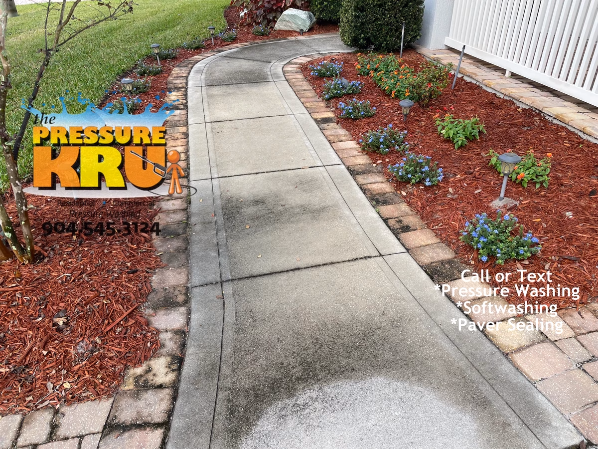 Heavy duty pressure cleaning of stained concrete driveway and sidewalk in St Johns, FL. Before service.