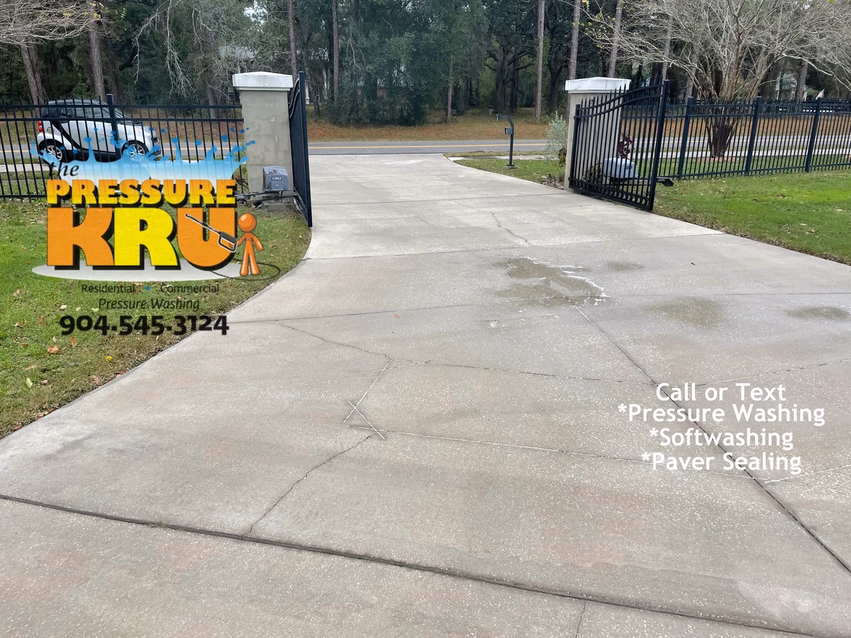 Power Washing Black concrete driveway to remove dirt and grime in St. Augustine, FL 32092. Soft Wash Post-treatment after cleaning.
