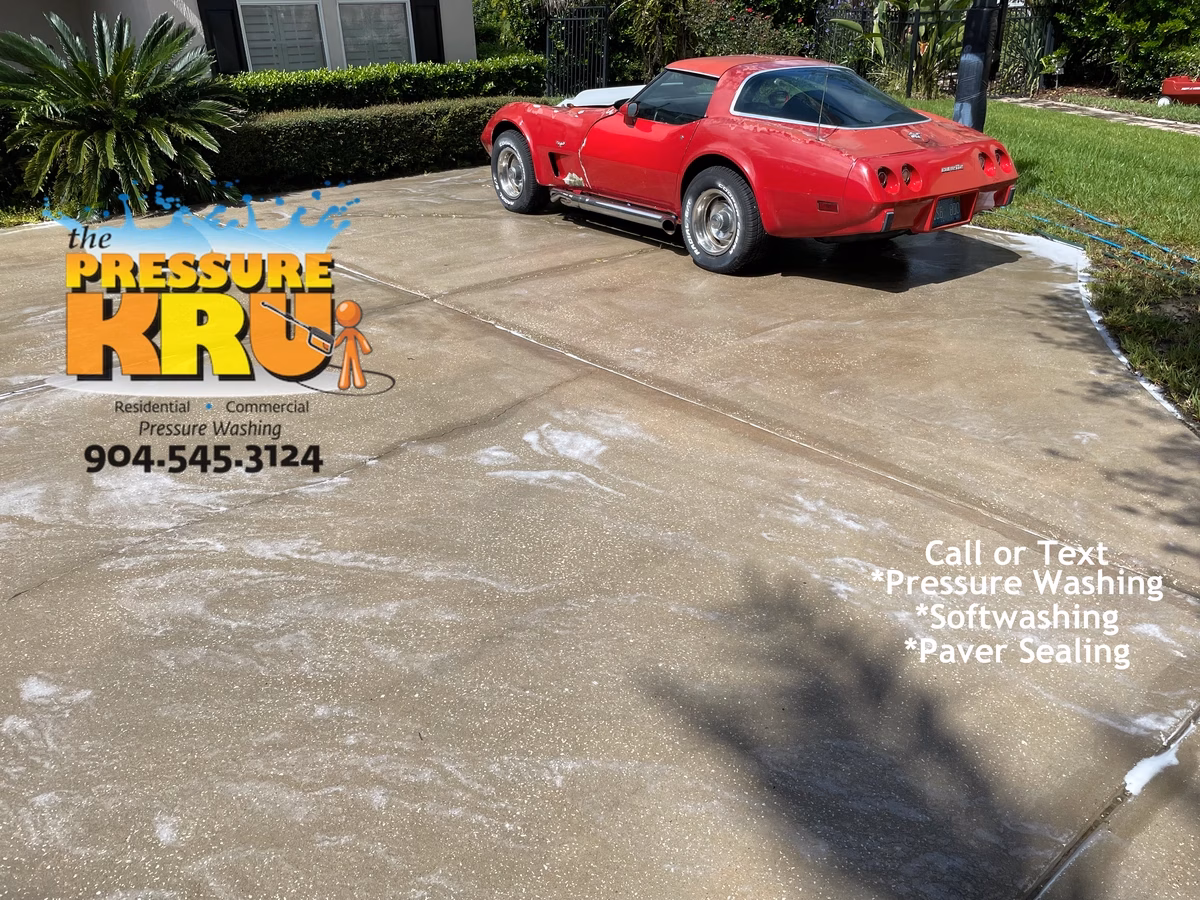 Expert Driveway cleaning after removing grim with high pressure washer near St. Johns, Florida